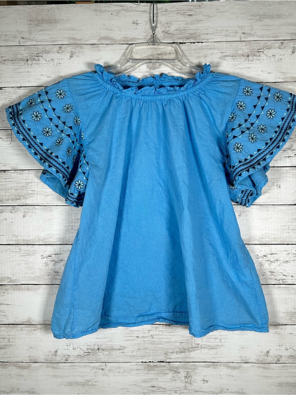 THML Embroidered Flutter Sleeve Blue Cotton Top S